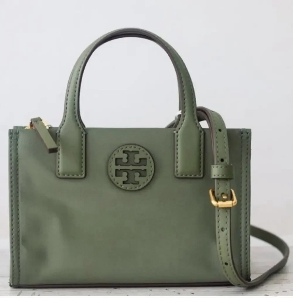 Tory Burch Ella Nylon Mini Baby Tote Purse Crossbody Strap Olive Palm Green
